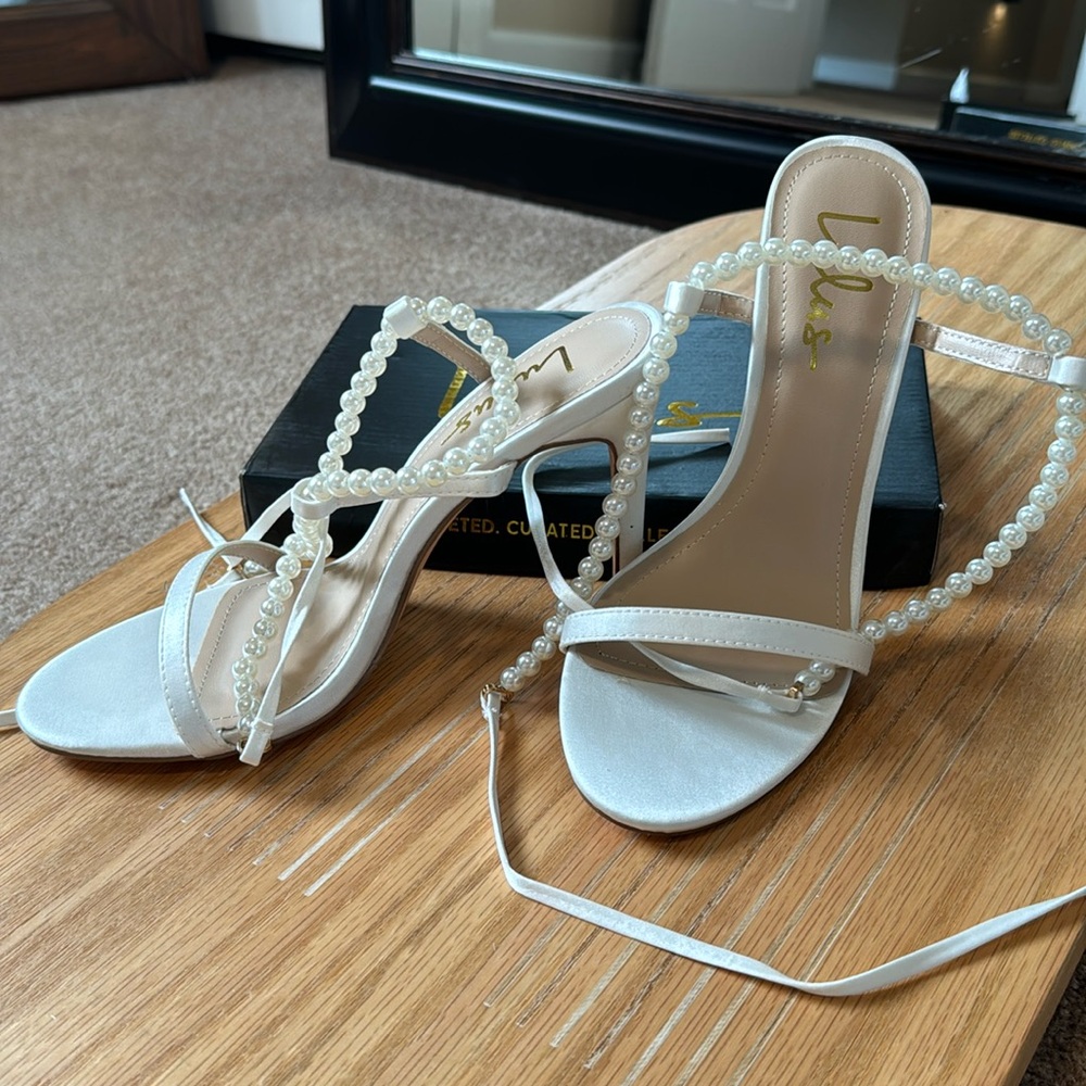 Satin lace up pearl heels